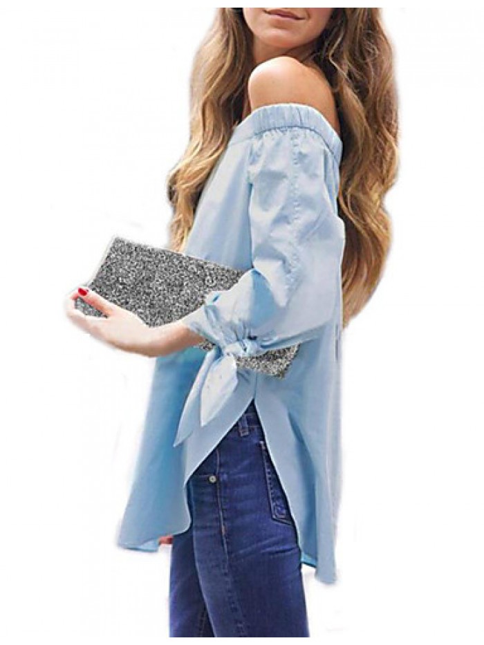 Women Sexy Slash Neck Off Shoulder Strapless Long Sleeve Bowknot Blouse ...