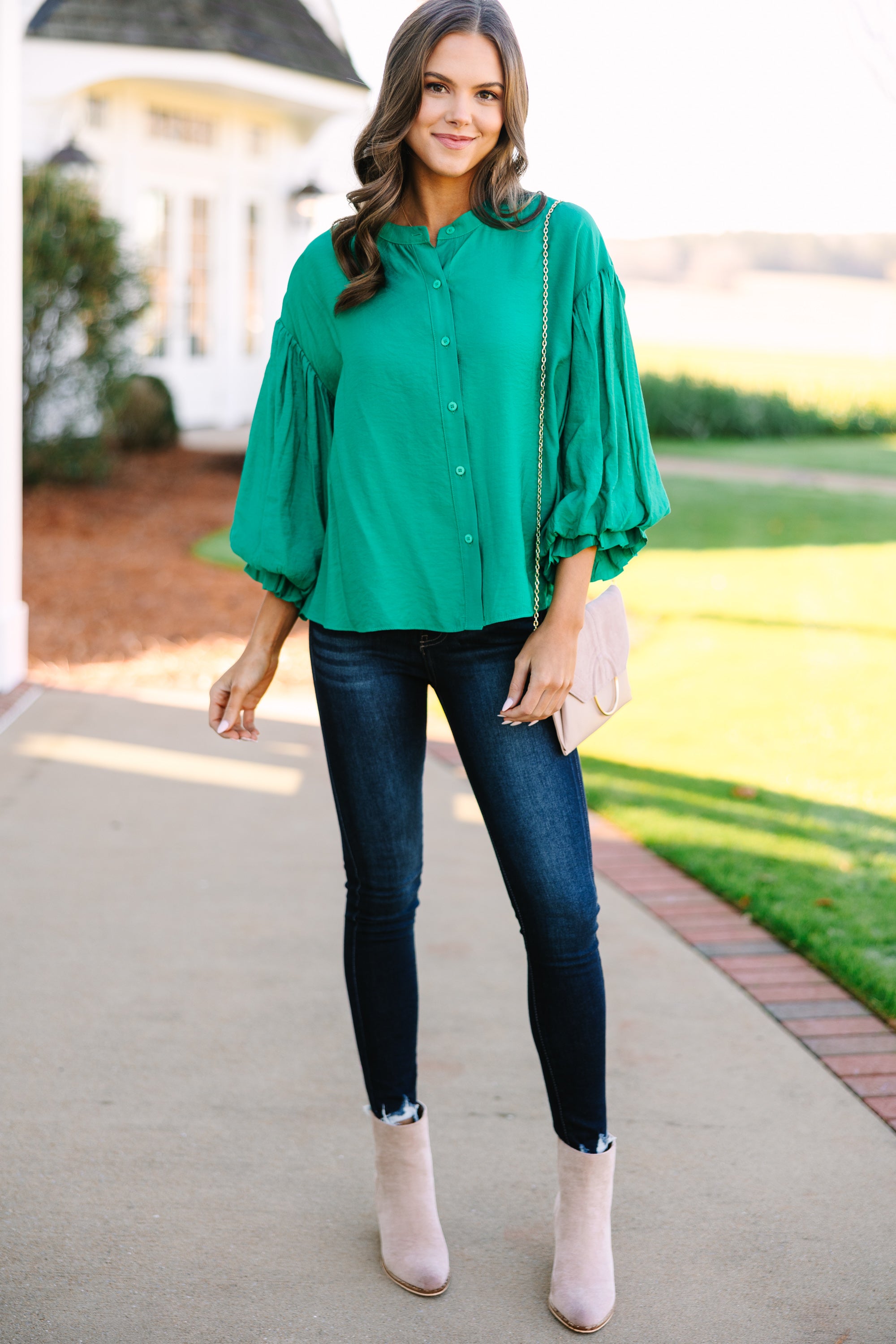Far From Over Kelly Green Puff Sleeve Blouse