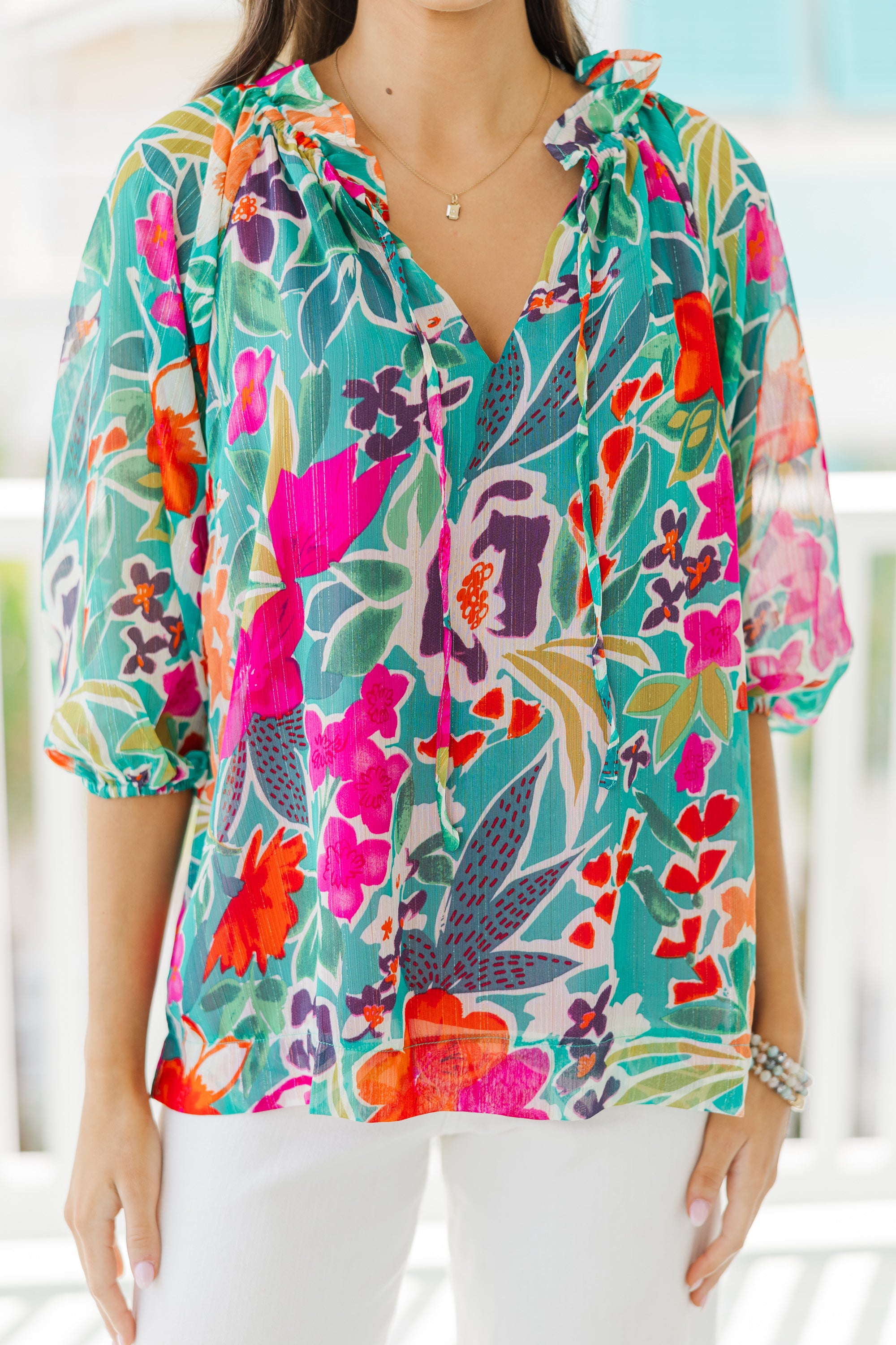 Boldly You Teal Green Floral  Blouse