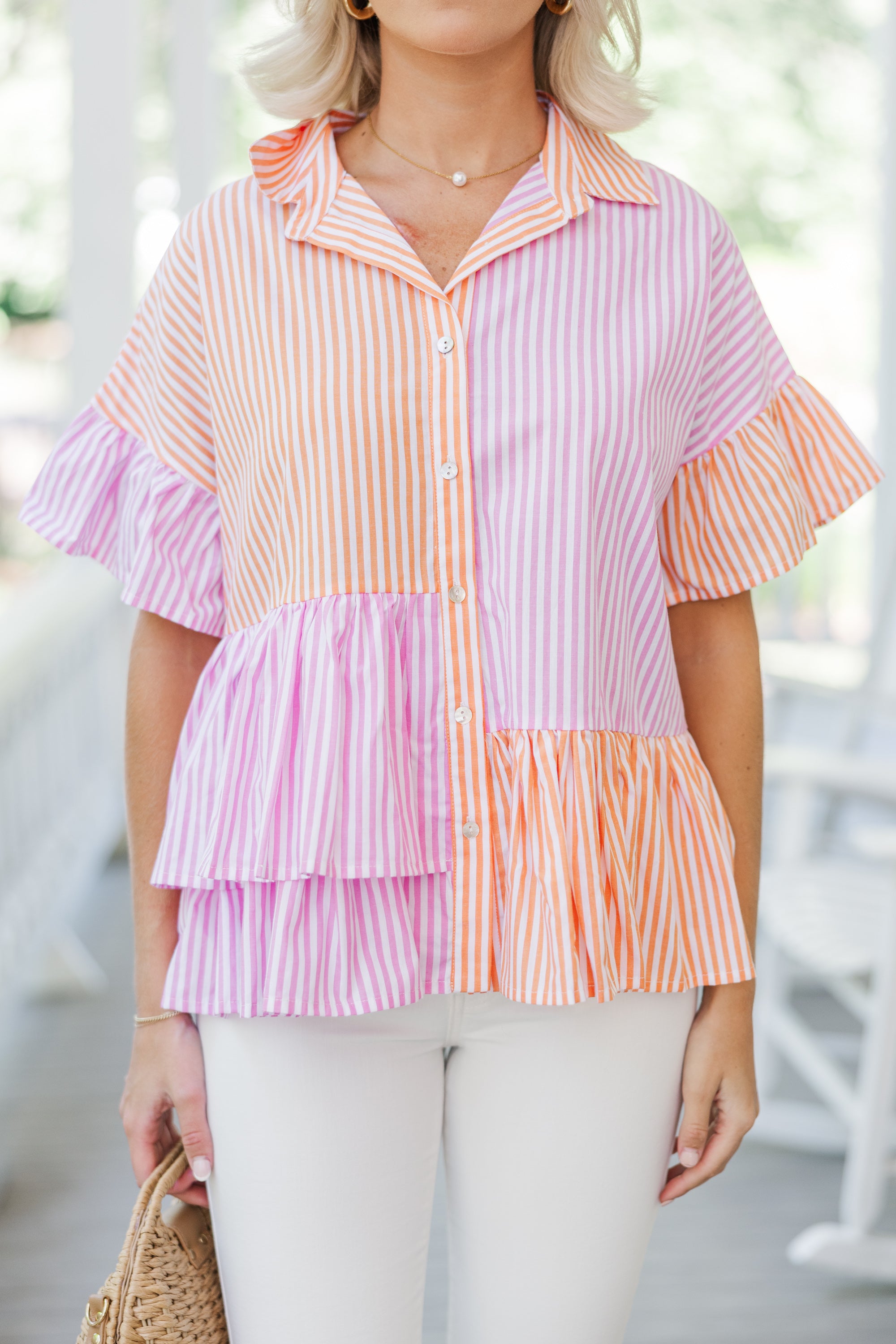 Call On You Pink Striped Blouse
