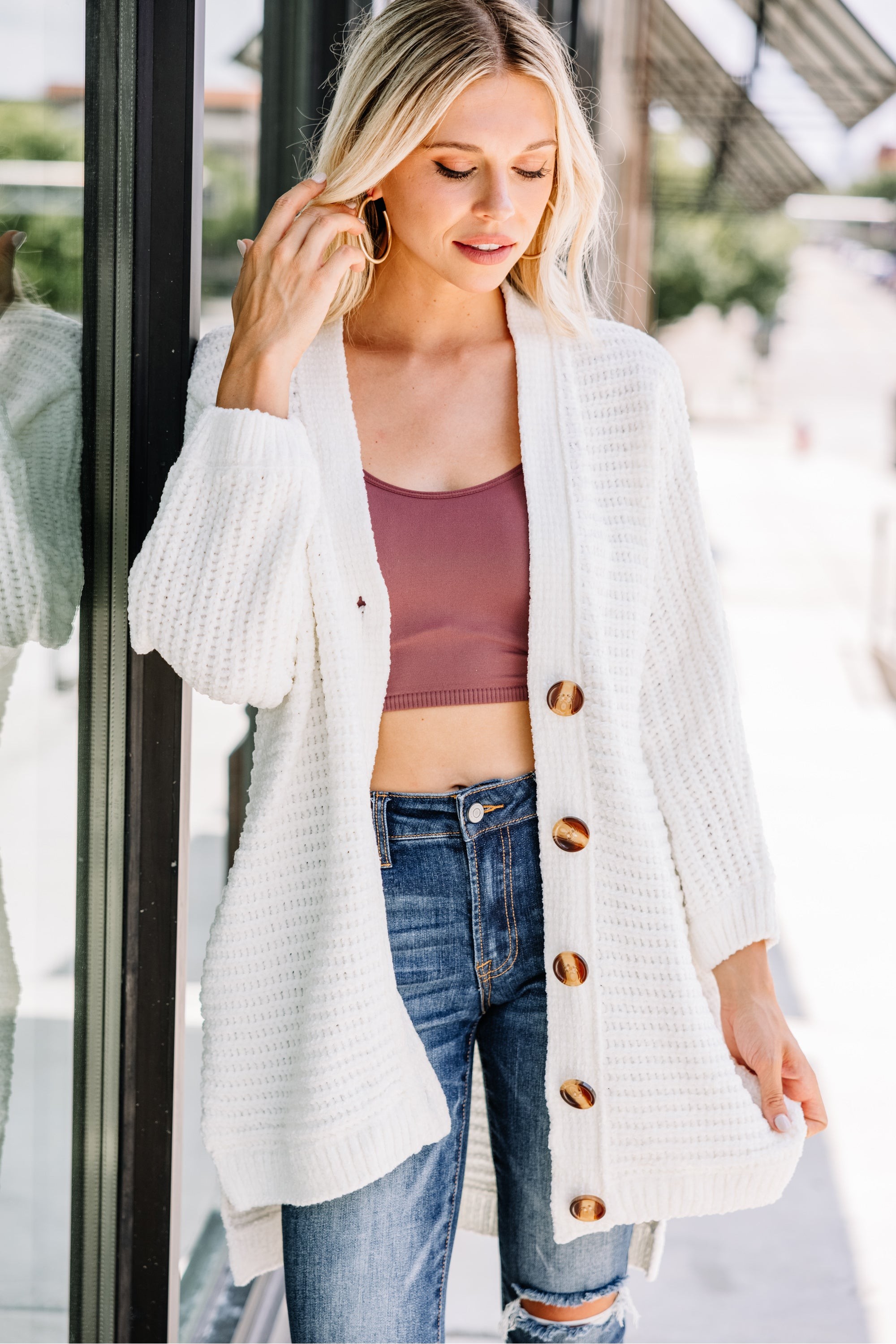 Created Comfort Ivory White Chenille Cardigan